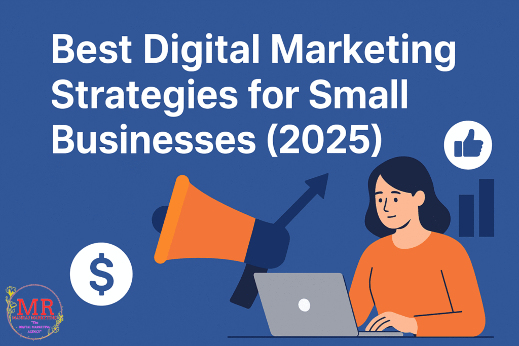 “A small business owner working on a laptop with icons of SEO, social media marketing, Meta ads, email campaigns, and analytics, representing digital marketing strategies for small businesses in 2025.”