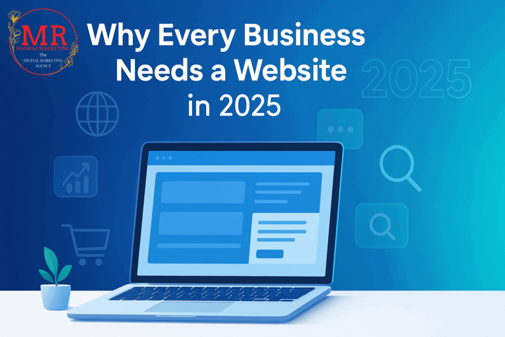 Futuristic laptop screen showing a business website with floating digital icons and “2025,” representing why every business needs a website in 2025.