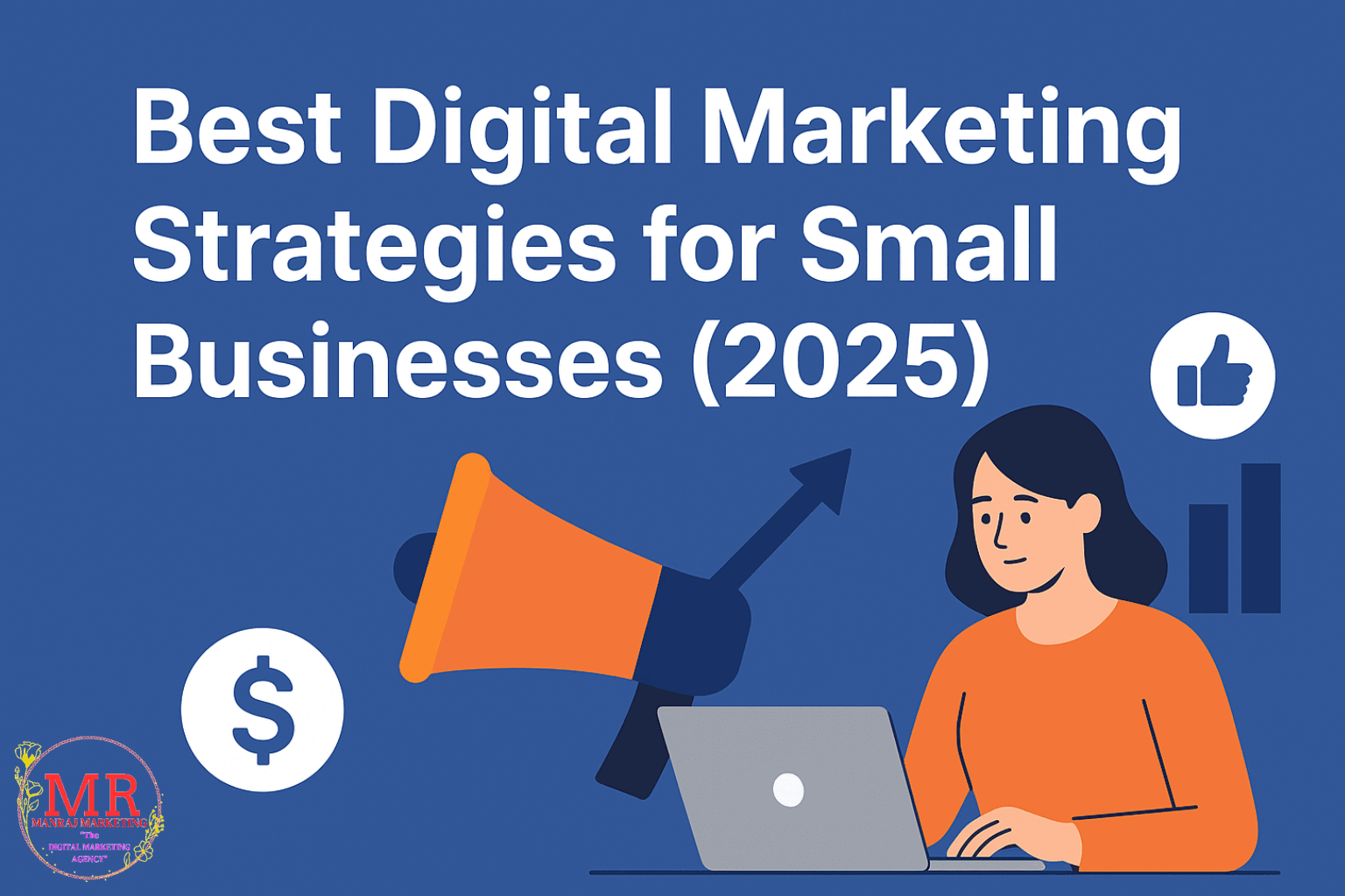 “A small business owner working on a laptop with icons of SEO, social media marketing, Meta ads, email campaigns, and analytics, representing digital marketing strategies for small businesses in 2025.”